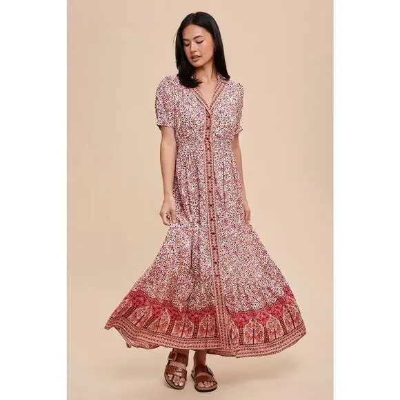 In Loom Floral Border Print Button Front Midi Dress Sz S Feminine Cottagecore - Picture 1 of 14